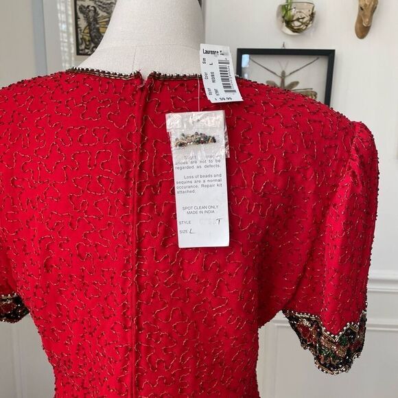 NWT NOS Laurence Kazar Beaded Sequin Short Sleeve Silk Top Red L - Picture 3 of 9
